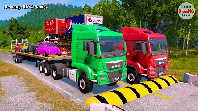 Double Flatbed Trailer Truck cars vs rails tractor vs train cars vs bollards Beamng Drive 407 Double Flatbed Trailer Truck cars vs rails tractor vs train cars vs bollards Beamng Drive 407