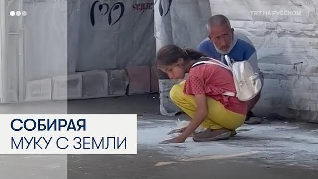 Момент, как девочка из Газы собирает с земли муку Момент, как девочка из Газы собирает с земли муку