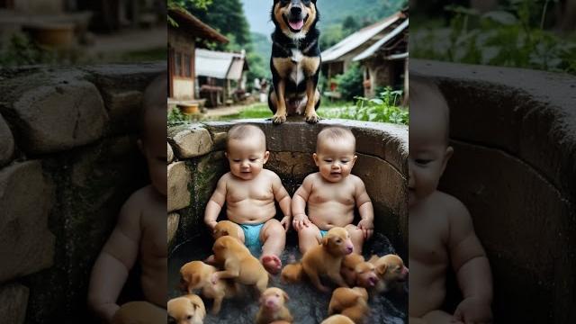 Two Joyful Babies Sitting in a Shallow Stone Tub with Happy Dog Watching #baby #funny #cute #video Two Joyful Babies Sitting in a Shallow Stone Tub with Happy Dog Watching #baby #funny #cute #video