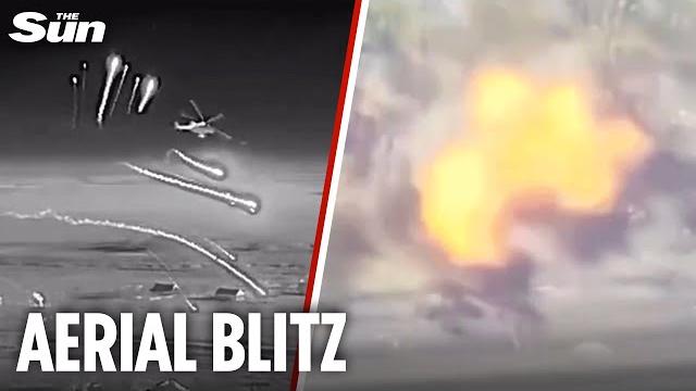 Dramatic moment Ukrainian helicopter gunship rains missiles over Russian occupied territory Dramatic moment Ukrainian helicopter gunship rains missiles over Russian occupied territory