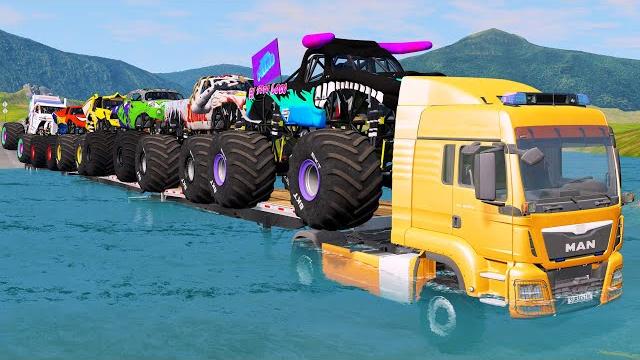 Double Flatbed Trailer Monster Trucks Transport with Slide Color - Cars vs Speed bump - BeamNG.drive Double Flatbed Trailer Monster Trucks Transport with Slide Color - Cars vs Speed bump - BeamNG.drive