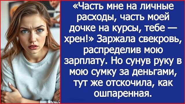 Часть - мне на расходы, часть - моей дочке на курсы, тебе - хрен! Свекровь распределила мою зарплату Часть - мне на расходы, часть - моей дочке на курсы, тебе - хрен! Свекровь распределила мою зарплату