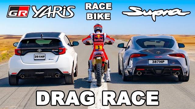 Rally Bike v Toyota Supra v GR Yaris: DRAG RACE Rally Bike v Toyota Supra v GR Yaris: DRAG RACE
