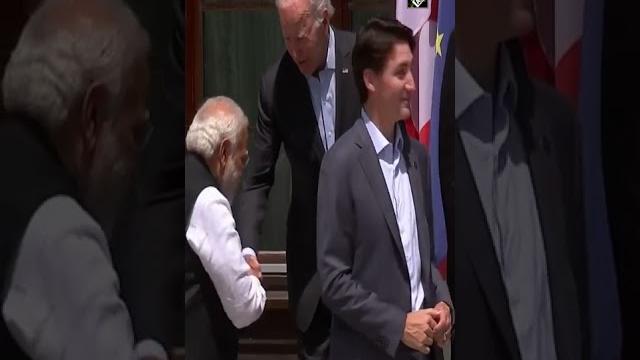 US President Joe Biden walks up to PM Modi to greet him US President Joe Biden walks up to PM Modi to greet him