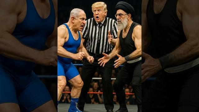 "Wrestling diplomacy collapses: Referee Trump hits the mat, crowd erupts in laughter." "Wrestling diplomacy collapses: Referee Trump hits the mat, crowd erupts in laughter."