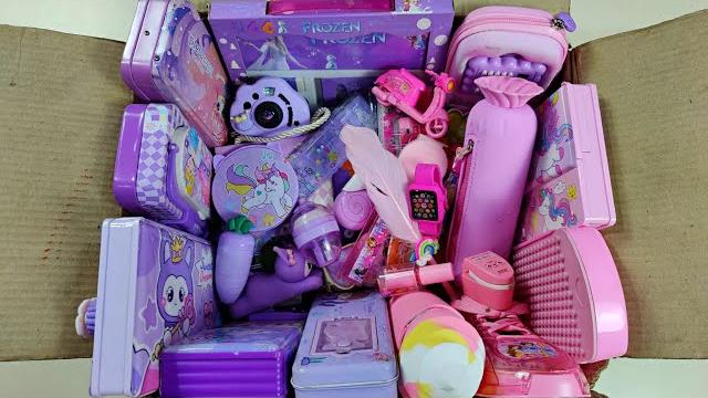 Pink Stationery vs Purple Stationery, watch eraser, pencil box, box full of stationery items Pink Stationery vs Purple Stationery, watch eraser, pencil box, box full of stationery items